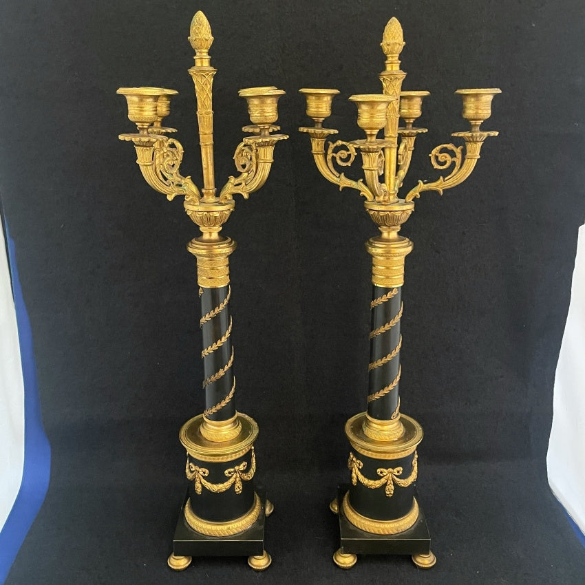 A Tall Pair of Charles X Style Painted Gilt Bronze Candelabra - Glen Manor galleries 