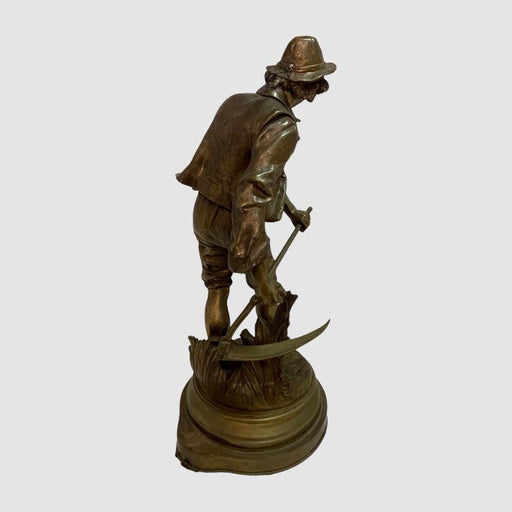Tall Bronze Boy With Scythe on Plinth By E A Aizelin Glen Manor Galleries 