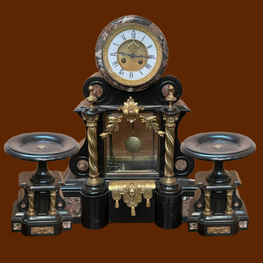 French 3pc Marble & Bronze Clock w/ Garnitures - Glen manor Galleries