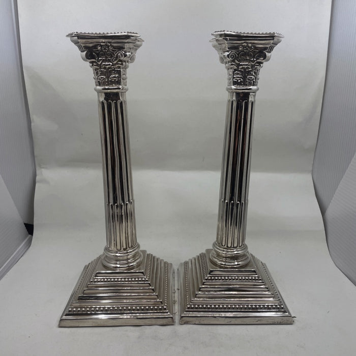 Pair of Corinthian Column Sterling Silver Candlesticks - Glen Manor Galleries 