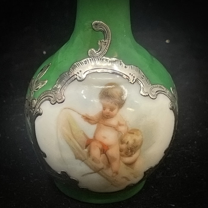 European Ceramic Silver Overlay Cupid Vase  - GLen Manor Galleries 