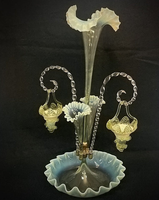 Vaseline Green and Blue Glass Victorian Epergne  - Glen Manor Galleries 