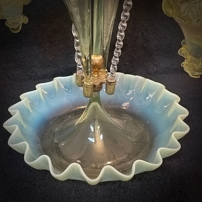 Vaseline Green and Blue Glass Victorian Epergne  - Glen Manor Galleries 