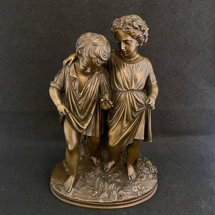 French Bronze Sculpture of Two Girls By Eugene L Lequesne - Glen Manor Galleries 
