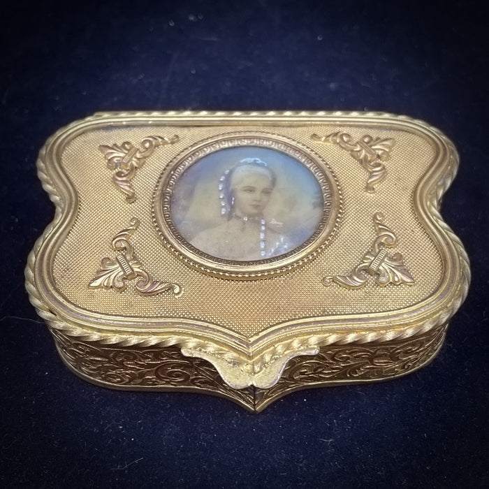 French Gilt Metal Jewelry Box With Hand Painted Plaque - Glen Manor Galleries 