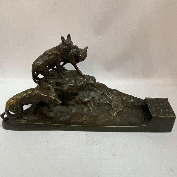 Bronze 3pc Wolf Pack & Fox Inkwell Desk Set - Glen Manor Galleries