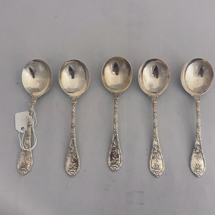 Set of 5 Sterling Silver Durgin Dauphin Cream Soup Spoons - Glen Manor Galleries 